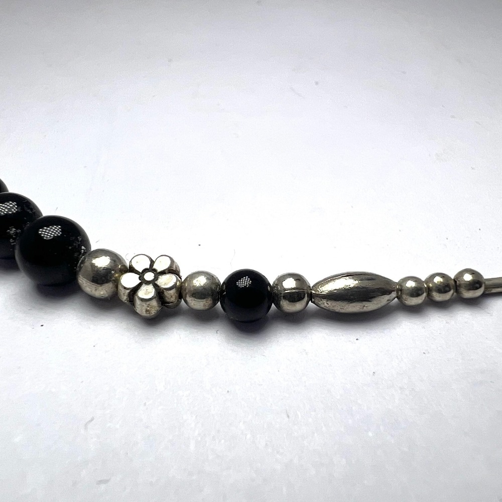 Vintage Liquid Silver Onyx Beaded Necklace 18" Flower Southwestern Handcrafted